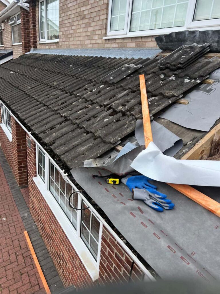 This is a photo of a pitched roof which is being repaired. The existing roof was leaking badly. Works carried out by Stourbridge Roofing Repairs